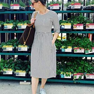 MEROKEETY Women's 3/4 Balloon Sleeve Striped High Waist T Shirt Midi Dress