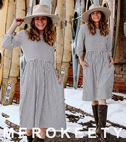 MEROKEETY Women's 3/4 Balloon Sleeve Striped High Waist T Shirt Midi Dress