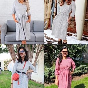 MEROKEETY Women's 3/4 Balloon Sleeve Striped High Waist T Shirt Midi Dress