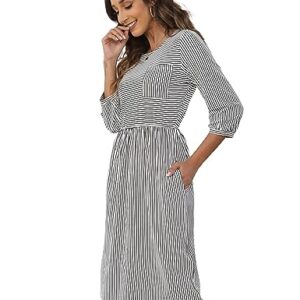 MEROKEETY Women's 3/4 Balloon Sleeve Striped High Waist T Shirt Midi Dress