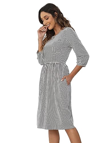 MEROKEETY Women's 3/4 Balloon Sleeve Striped High Waist T Shirt Midi Dress