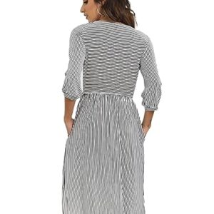 MEROKEETY Women's 3/4 Balloon Sleeve Striped High Waist T Shirt Midi Dress