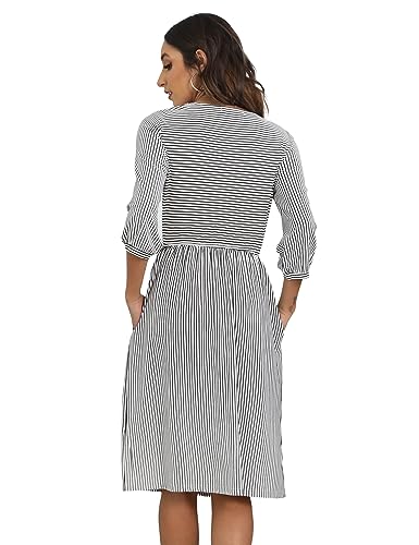 MEROKEETY Women's 3/4 Balloon Sleeve Striped High Waist T Shirt Midi Dress