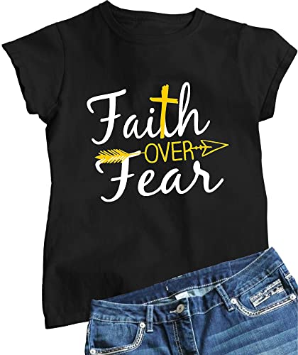 Go All Out Medium Black Womens Faith Over Fear Cross & Arrow T-Shirt