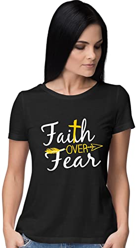 Go All Out Medium Black Womens Faith Over Fear Cross & Arrow T-Shirt