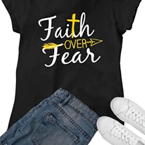 Go All Out Medium Black Womens Faith Over Fear Cross & Arrow T-Shirt