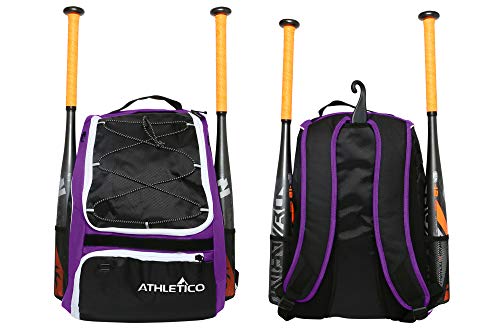 Athletico Baseball Bat Bag - Backpack for Baseball, T-Ball & Softball Equipment & Gear for Youth and Adults | Holds Bat, Helmet, Glove, & Shoes |Shoe Compartment & Fence Hook (Purple)