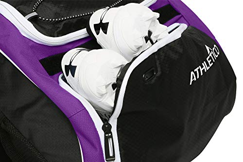 Athletico Baseball Bat Bag - Backpack for Baseball, T-Ball & Softball Equipment & Gear for Youth and Adults | Holds Bat, Helmet, Glove, & Shoes |Shoe Compartment & Fence Hook (Purple)