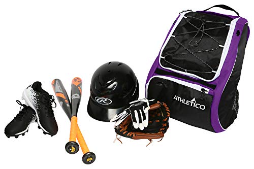 Athletico Baseball Bat Bag - Backpack for Baseball, T-Ball & Softball Equipment & Gear for Youth and Adults | Holds Bat, Helmet, Glove, & Shoes |Shoe Compartment & Fence Hook (Purple)