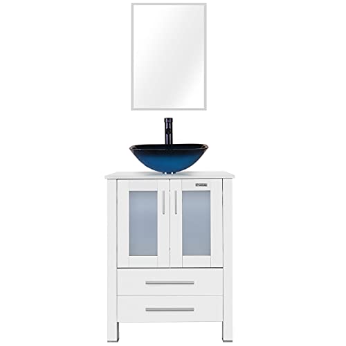 eclife 24" Bathroom Vanity Sink Combo White Cabinet Ocean Blue Square Tempered Glass Vessel Sink & 1.5 GPM Water Save ORB Faucet Solid Brass Pop Up Drain,with Mirror (Ocean Blue Square Sink A04B02W)