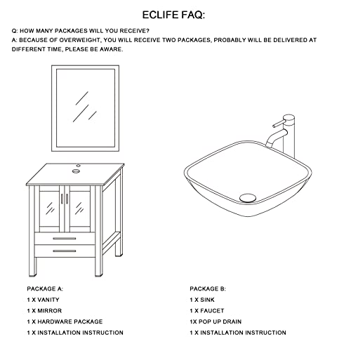 eclife 24" Bathroom Vanity Sink Combo White Cabinet Ocean Blue Square Tempered Glass Vessel Sink & 1.5 GPM Water Save ORB Faucet Solid Brass Pop Up Drain,with Mirror (Ocean Blue Square Sink A04B02W)