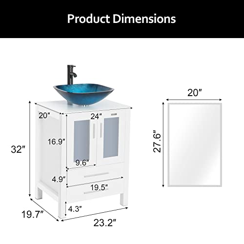 eclife 24" Bathroom Vanity Sink Combo White Cabinet Ocean Blue Square Tempered Glass Vessel Sink & 1.5 GPM Water Save ORB Faucet Solid Brass Pop Up Drain,with Mirror (Ocean Blue Square Sink A04B02W)