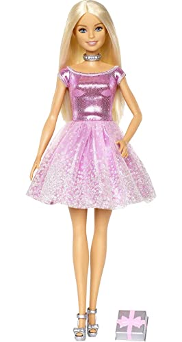 Barbie Happy Birthday Doll with Blonde Hair and Blue Eyes, Pink Glitter Party Dress, Gift and Silvery Accessories (Amazon Exclusive)