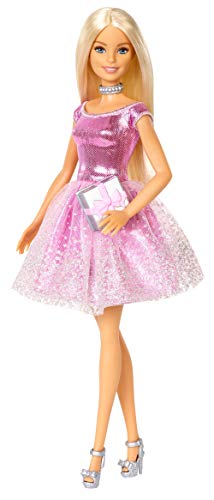 Barbie Happy Birthday Doll with Blonde Hair and Blue Eyes, Pink Glitter Party Dress, Gift and Silvery Accessories (Amazon Exclusive)