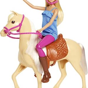 Barbie Doll & Horse Set, Blonde Fashion Doll in Riding Outfit & Light Brown Horse with Saddle, Bridle & Reins
