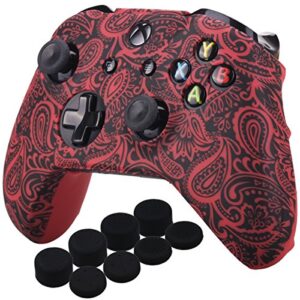 yorha printing rubber silicone cover skin case for xbox one s/x controller x 1(flowers red) with pro thumb grips x 8