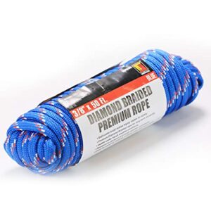 wellmax diamond braid nylon rope - 3/8 inch by 50 feet blue color - extra strength, sunlight and weather resistant - heavy duty construction