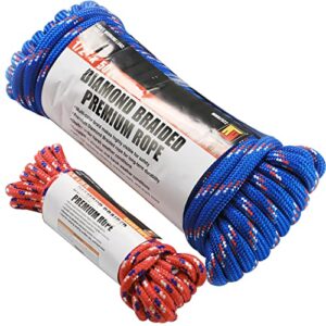 wellmax diamond braid nylon rope, 1/2in x 50ft with bonus 1/4in x 25ft cord uv resistant, high strength and weather resistant