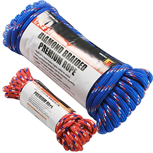 Wellmax Diamond Braid Nylon Rope, 1/2in X 50FT with Bonus 1/4in x 25FT Cord UV Resistant, High Strength and Weather Resistant