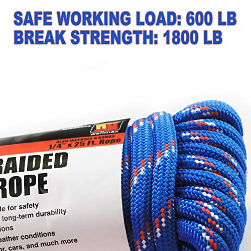 Wellmax Diamond Braid Nylon Rope, 1/2in X 50FT with Bonus 1/4in x 25FT Cord UV Resistant, High Strength and Weather Resistant