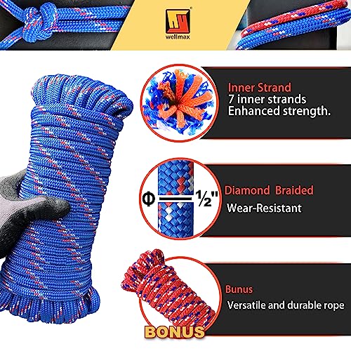 Wellmax Diamond Braid Nylon Rope, 1/2in X 50FT with Bonus 1/4in x 25FT Cord UV Resistant, High Strength and Weather Resistant