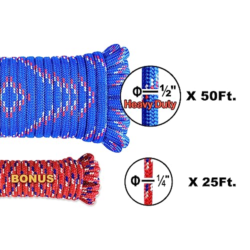 Wellmax Diamond Braid Nylon Rope, 1/2in X 50FT with Bonus 1/4in x 25FT Cord UV Resistant, High Strength and Weather Resistant