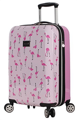 Betsey Johnson Designer 20 Inch Carry On - Expandable (ABS + PC) Hardside Luggage - Lightweight Durable Suitcase With 8-Rolling Spinner Wheels for Women (20in, Flamingo Strut)