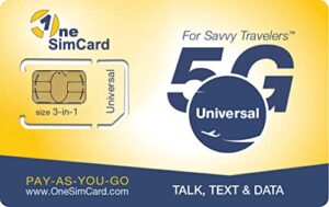 onesimcard universal e 3-in-one sim card for use in over 200 countries with $5 credit. voice, text and mobile data as low as $0.01 per mb. compatible with all unlocked gsm phones. 4g in 50+ countries.