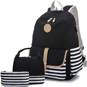 lmeison backpack for teen girls cute school backpacks with lunch bag teens boobag set for women school bag for middle school high school canvas back pack for teenages, striped black, 3 in 1