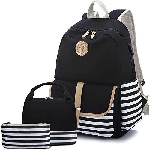 Lmeison Backpack for Teen Girls Cute School Backpacks with Lunch Bag Teens Boobag Set for Women School Bag for Middle School High School Canvas Back Pack for Teenages, Striped Black, 3 in 1