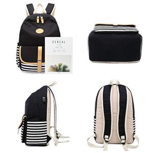 Lmeison Backpack for Teen Girls Cute School Backpacks with Lunch Bag Teens Boobag Set for Women School Bag for Middle School High School Canvas Back Pack for Teenages, Striped Black, 3 in 1