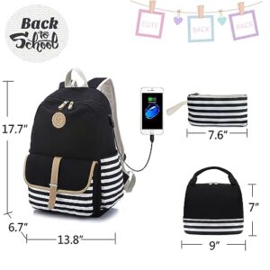 Lmeison Backpack for Teen Girls Cute School Backpacks with Lunch Bag Teens Boobag Set for Women School Bag for Middle School High School Canvas Back Pack for Teenages, Striped Black, 3 in 1