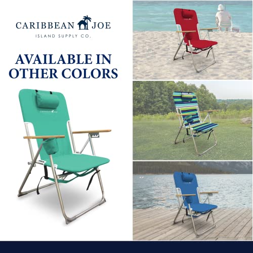 Caribbean Joe Folding Beach Chair, 4 Position Portable Backpack Foldable Camping Chair with Headrest, Cup Holder, and Wooden Armrests, Teal