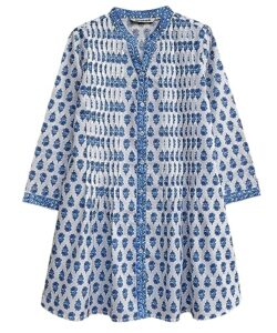 juno pure cotton printed front pleated tunic top kurti blouse, blue, 2x