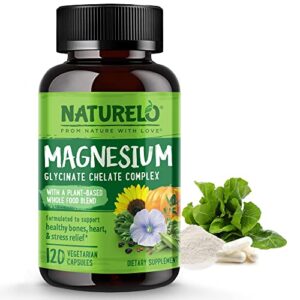 NATURELO Magnesium Glycinate Chelate Complex - 200 mg Magnesium with Organic Vegetables to Support Sleep, Calm, Muscle Cramp & Stress Relief – Gluten Free, Non GMO - 120 Capsules