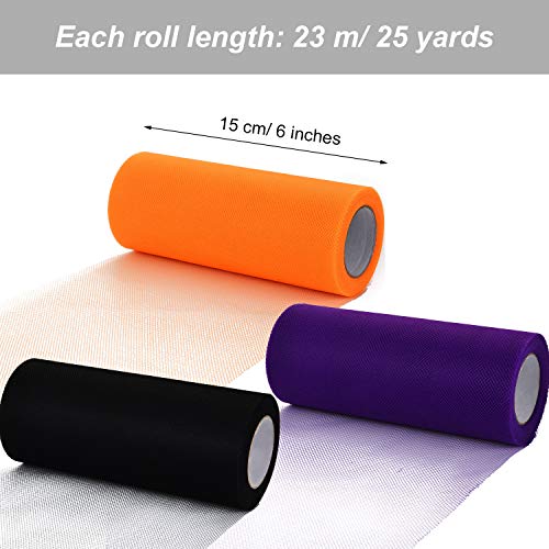 3 Spools Halloween Tulle Rolls Tulle Netting Rolls Tulle Fabric Spool Ribbons, 6 Inches by 75 Feet (Black, Orange and Purple)