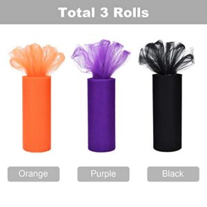 3 Spools Halloween Tulle Rolls Tulle Netting Rolls Tulle Fabric Spool Ribbons, 6 Inches by 75 Feet (Black, Orange and Purple)