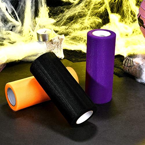 3 Spools Halloween Tulle Rolls Tulle Netting Rolls Tulle Fabric Spool Ribbons, 6 Inches by 75 Feet (Black, Orange and Purple)