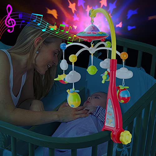 Mini Tudou Musical Baby Crib Mobile Toy with Lights and Music, Star Projector Function and Cartoon Rattles, Remote Control Musical Box with 108 Melodies, Toy for Newborn Sleep