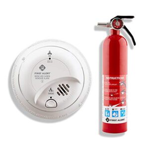 first alert brk sc9120b hardwired smoke and carbon monoxide alarm with battery backup with home fire extinguisher, red