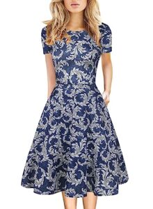 modest fit and flare dress for women cotton short sleeve casual work church midi dress 50s vintage stretchy clothing 162 (blue-white, s)
