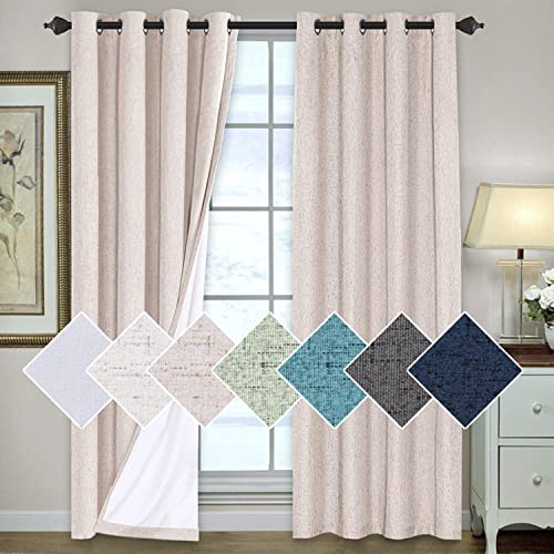 H.VERSAILTEX 100% Blackout Curtains for Bedroom Thermal Insulated Linen Textured Curtains Heat and Full Light Blocking Drapes Living Room Curtains 2 Panel Sets, 52x84 - Inch, Natural