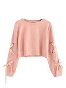 sweatyrocks women's casual lace up long sleeve pullover crop top sweatshirt solid pink small