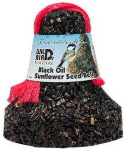 set of 4 pine tree farms black oil sunflower seed bells with nets, 11 oz. each