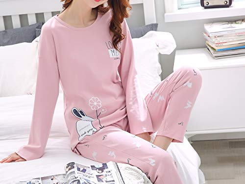 Vopmocld Young Girls Lovely Bunny Pajama Sets Cotton Long Sleeve Pjs Clothes Sleepwear Shirts, Pink, 14