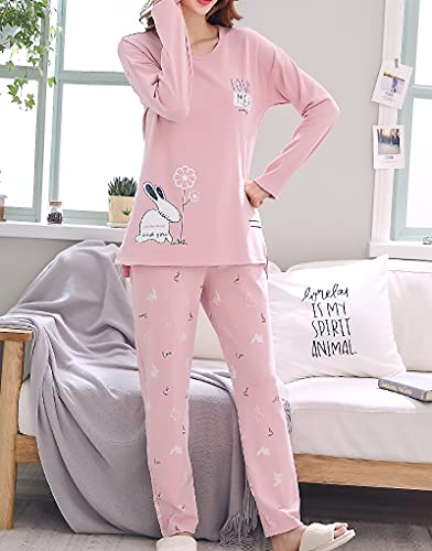 Vopmocld Young Girls Lovely Bunny Pajama Sets Cotton Long Sleeve Pjs Clothes Sleepwear Shirts, Pink, 14