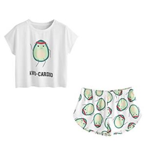 Floerns Women's 2 Piece Pajama Sets Cartoon and Graphic Print Sleepwear Tops and Drawstring Pajama Shorts A White L