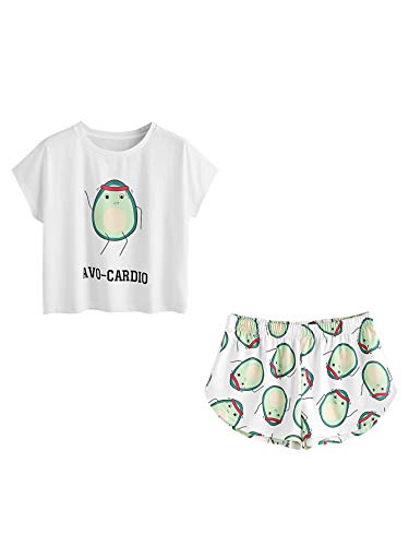 Floerns Women's 2 Piece Pajama Sets Cartoon and Graphic Print Sleepwear Tops and Drawstring Pajama Shorts A White L