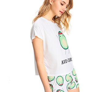 Floerns Women's 2 Piece Pajama Sets Cartoon and Graphic Print Sleepwear Tops and Drawstring Pajama Shorts A White L