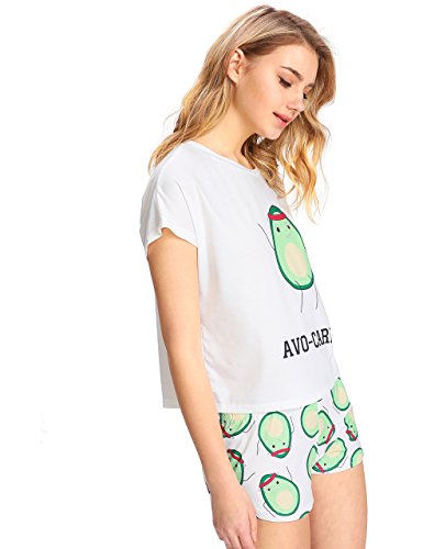 Floerns Women's 2 Piece Pajama Sets Cartoon and Graphic Print Sleepwear Tops and Drawstring Pajama Shorts A White L